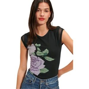Rare Rouje Paris Ahmet Black Floral Mesh Top Lavender‎ Rose Print Size 38 (US 6)